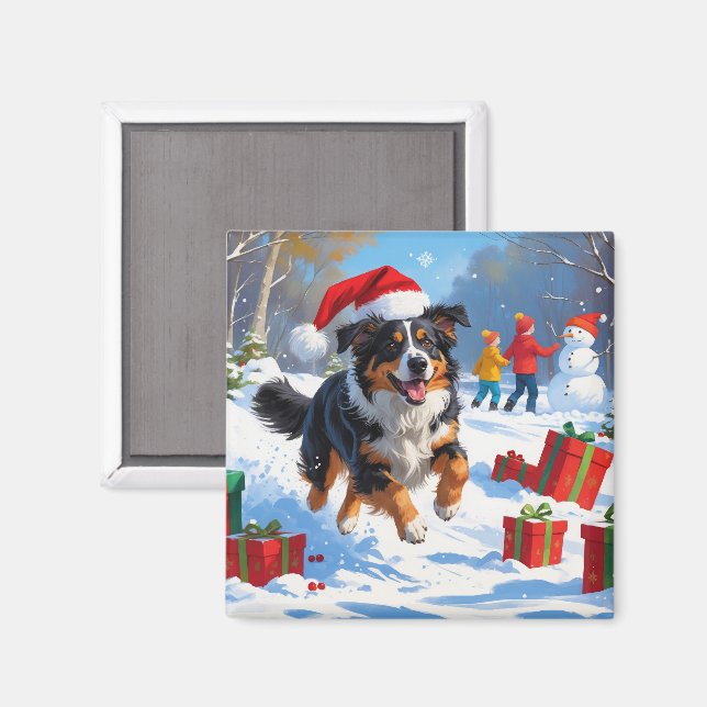 Australian Shepherd Christmas Festive Snow Scene Magnet (Vorderseite/Rückseite)