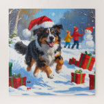 Australian Shepherd Christmas Festive Snow Scene Puzzle<br><div class="desc">Eine herzliche Ferienillustrierung mit einem fröhlichen Hund,  der im Schnee spielt,  eine Weihnachtsmannmütze trägt und von bunten Geschenkboxen umgeben ist. Im Hintergrund bauen die Kinder neben einem schneebedeckten Weihnachtsbaum einen Schneemann und schaffen so ein fröhliches Winterwunderland. Ideal,  um Feiertagssjubeln zu verbreiten und den Zauber von Weihnachten zu erfassen.</div>