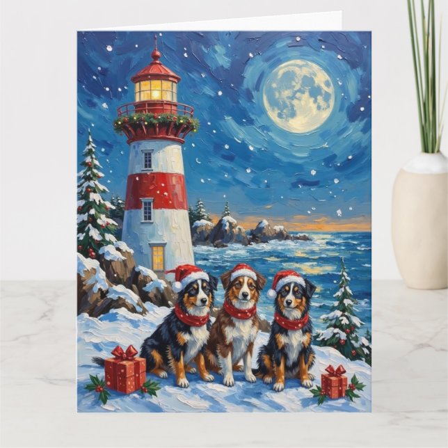 Australian Shepherd Christmas Lighthouse Holiday Karte (Vorderseite)