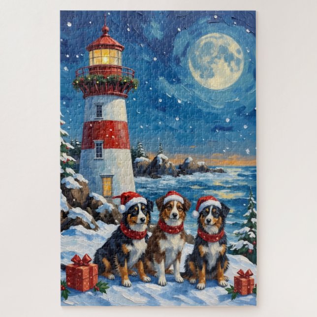 Australian Shepherd Christmas Lighthouse Holiday Puzzle (Vertikal)