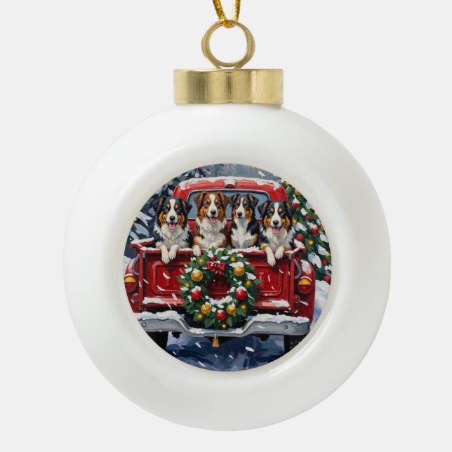 Australian Shepherd Christmas Red Truck Holiday Keramik Kugel-Ornament (Vorderseite)
