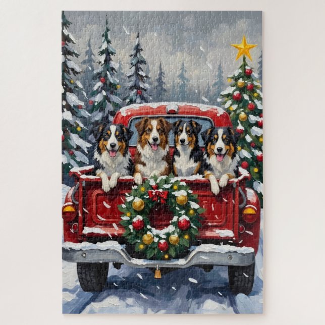 Australian Shepherd Christmas Red Truck Holiday Puzzle (Vertikal)