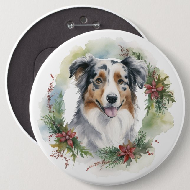 Australian Shepherd Christmas Wreath Festive Pup Button (Vorne & Hinten)