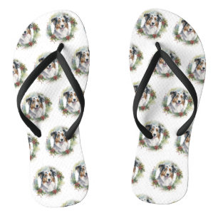 Australian Shepherd Christmas Wreath Festive Pup Flip Flops