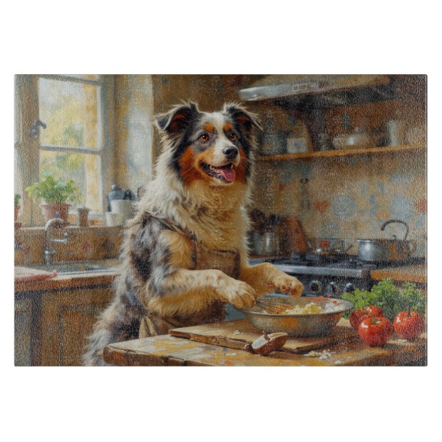 Australian Shepherd Cooking in Kitchen Schneidebrett (Vorderseite)