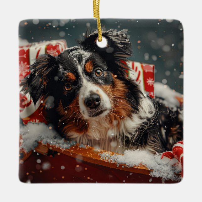 Australian Shepherd Dog Christmas Festive Keramikornament (Vorderseite)