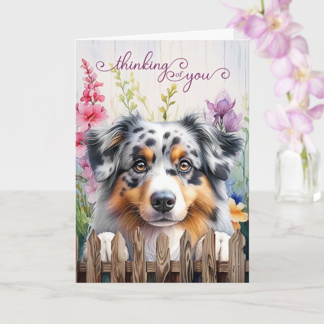 Australian Shepherd Dog Fence Thinking of You Karte (Orchidee)