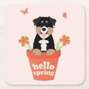 Australian Shepherd Dog In Flower Pot Rechteckiger Pappuntersetzer