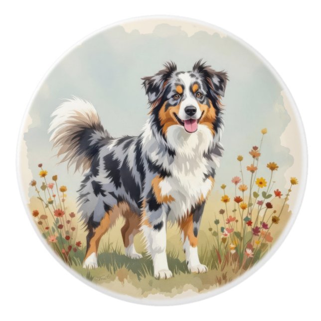 Australian Shepherd Dog Merle Long Tail Keramikknauf (Vorderseite)