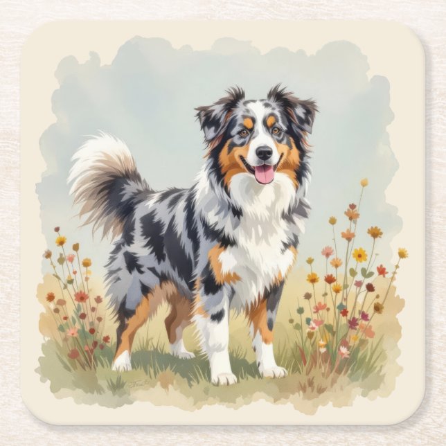 Australian Shepherd Dog Merle Long Tail Rechteckiger Pappuntersetzer (Vorderseite)