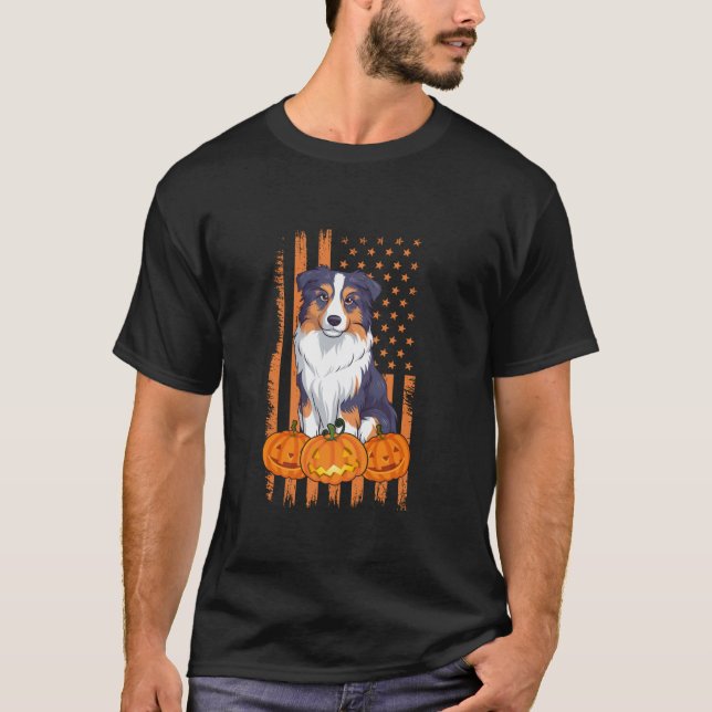 Australian Shepherd Dog USA Flag Patriotic Hallowe T-Shirt (Vorderseite)