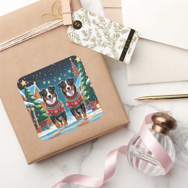 Australian Shepherd Dogs Christmas Snow Holiday Quadratischer Aufkleber (Schenken)