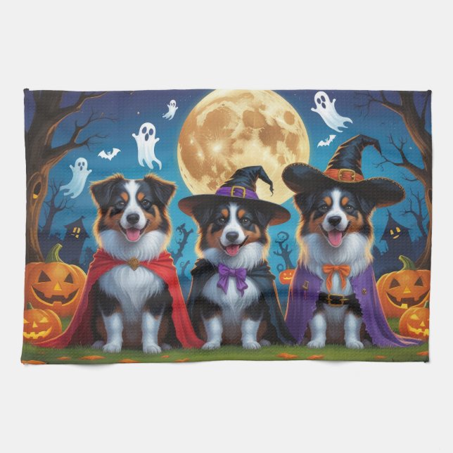 Australian Shepherd Dogs Pumpkin Halloween Funny Geschirrtuch (Horizontal)