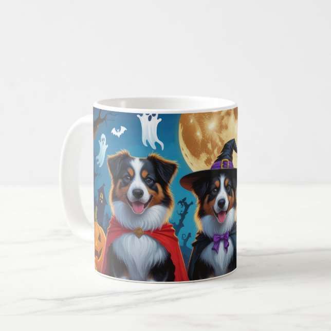 Australian Shepherd Dogs Pumpkin Halloween Funny Kaffeetasse (Vorderseite Links)