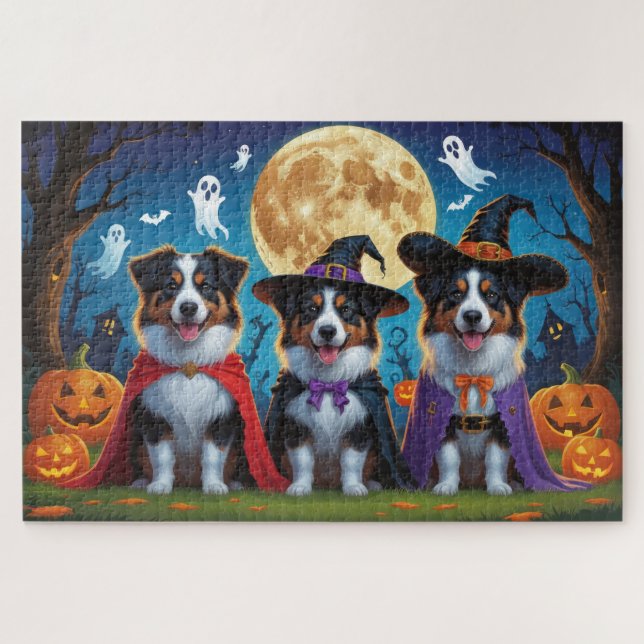 Australian Shepherd Dogs Pumpkin Halloween Funny Puzzle (Horizontal)