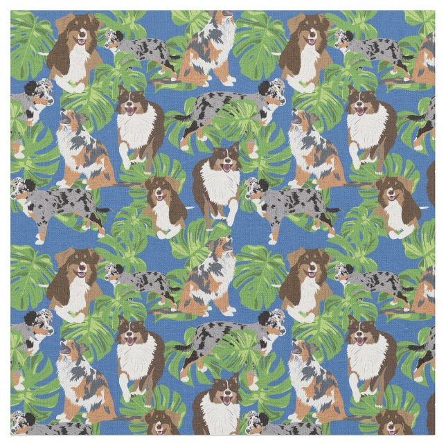 Australian Shepherd Dogs Tropical Blätter Stoff (Nahaufnahme)