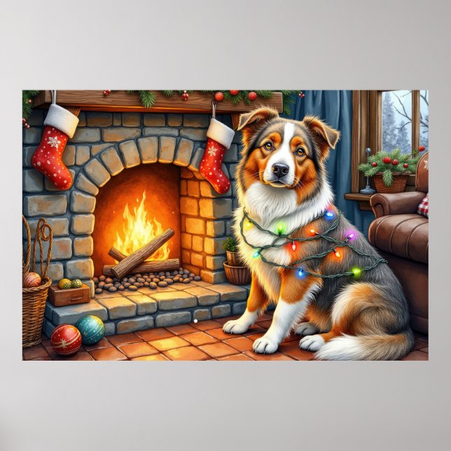 Australian Shepherd Fireplace with Christmas Light Poster (Vorne)