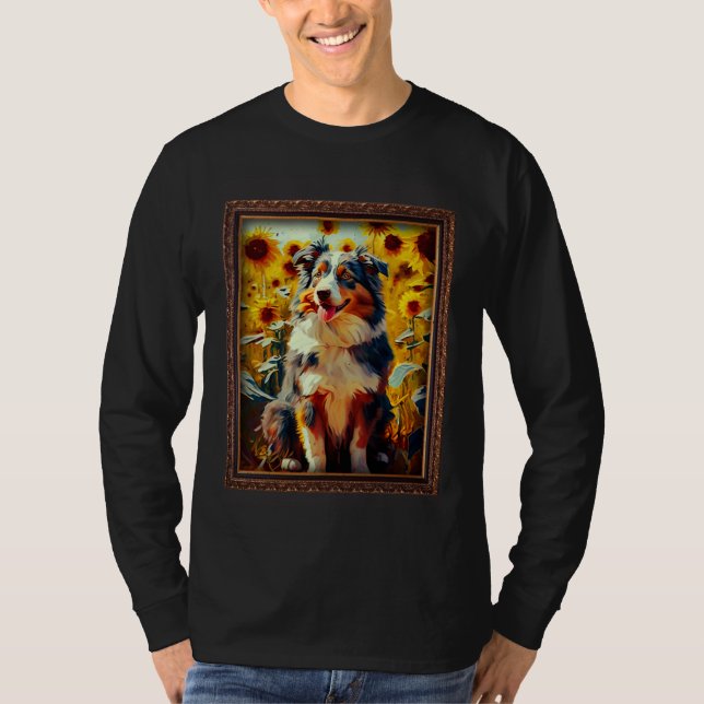 Australian Shepherd Malerei Sonnenblume Mutter  T-Shirt (Vorderseite)