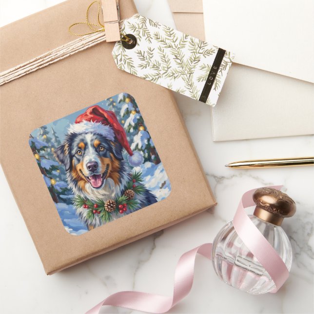 Australian Shepherd Merle Winter Christmas Art Quadratischer Aufkleber (Schenken)