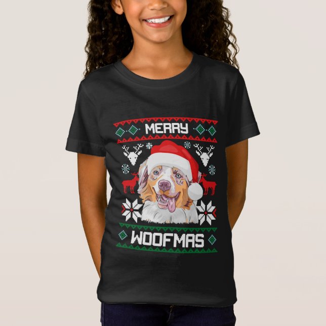 Australian Shepherd Merry Woofmas Dog Christmas T-Shirt (Vorderseite)