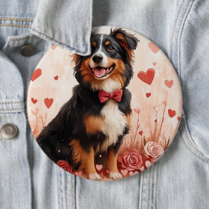 Australian Shepherd mit Rosen - Valentinstag Button