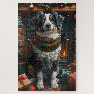 Australian Shepherd mit Weihnachtsgeschenken Kamin Puzzle