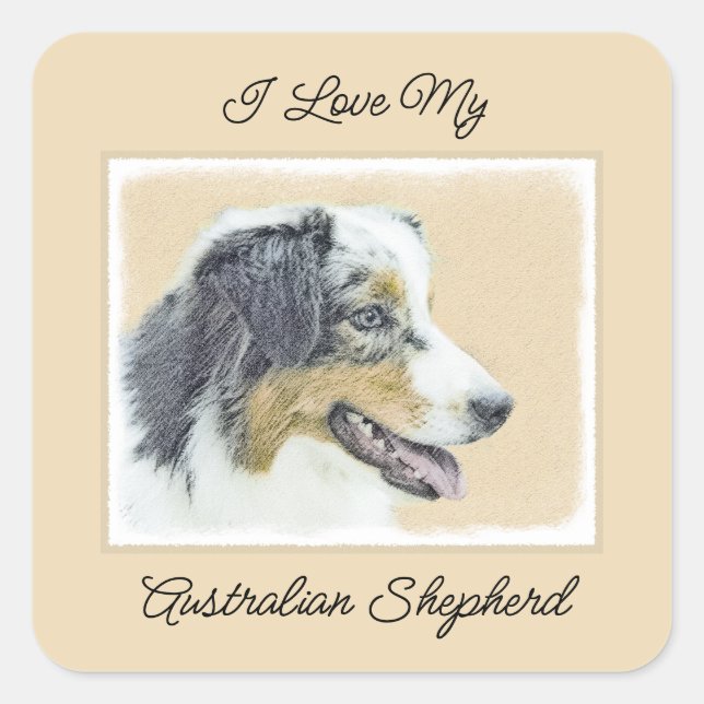 Australian Shepherd Painting - Original Dog Art Quadratischer Aufkleber (Vorderseite)