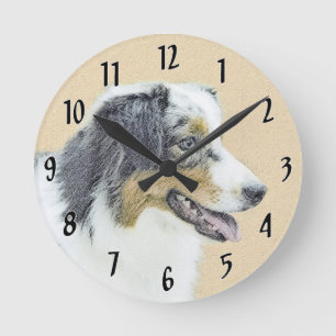 Australian Shepherd Painting - Original Dog Art Runde Wanduhr