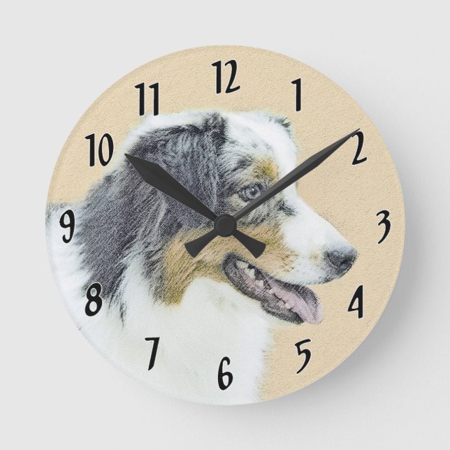 Australian Shepherd Painting - Original Dog Art Runde Wanduhr (Vorderseite)