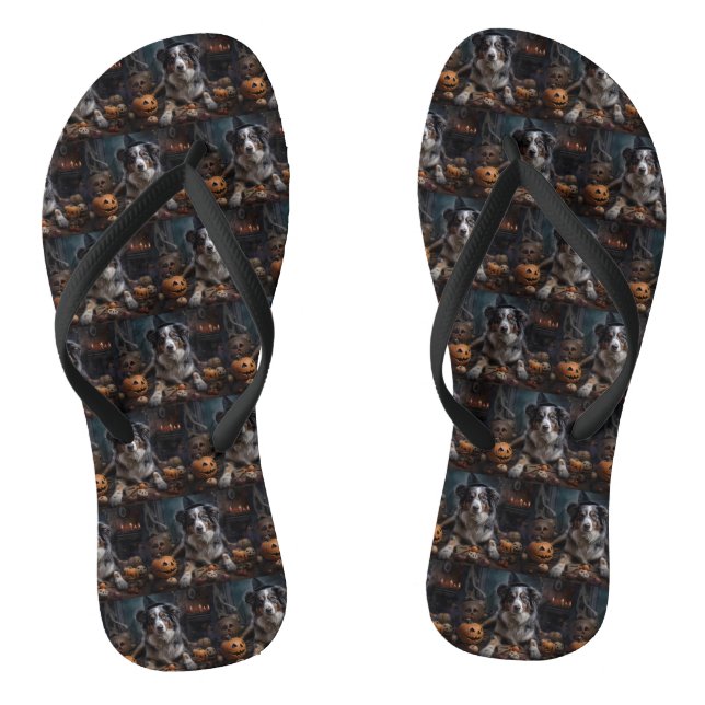 Australian Shepherd Pumpkins Halloween Beängstigen Flip Flops (Fußbett)