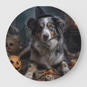 Australian Shepherd Pumpkins Halloween Beängstigen Große Wanduhr