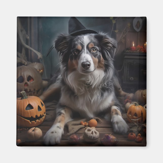 Australian Shepherd Pumpkins Halloween Beängstigen Magnet (Vorne)