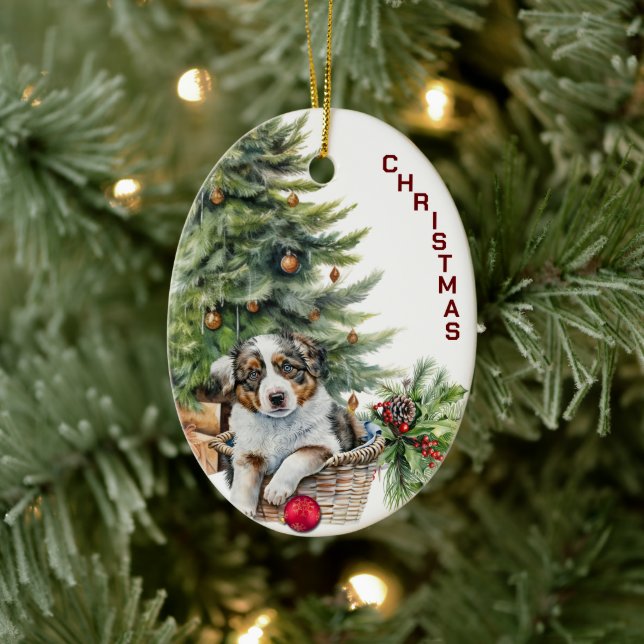 Australian Shepherd Puppy Wicker Weihnachtskorb Keramik Ornament (Baum)