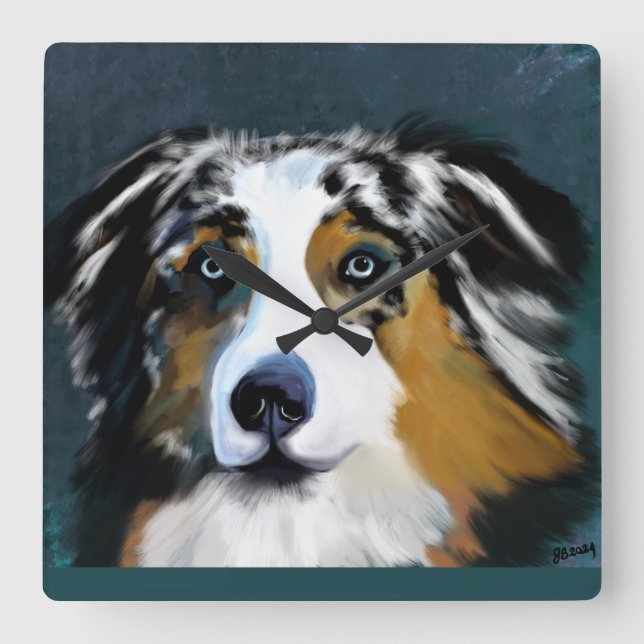 AUSTRALIAN SHEPHERD QUADRATISCHE WANDUHR (Vorderseite)