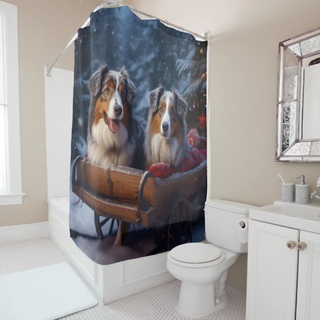 Australian Shepherd Snowy Sleigh Weihnachtsdekor Duschvorhang (Beispiel)