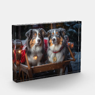 Australian Shepherd Snowy Sleigh Weihnachtsdekor Fotoblock