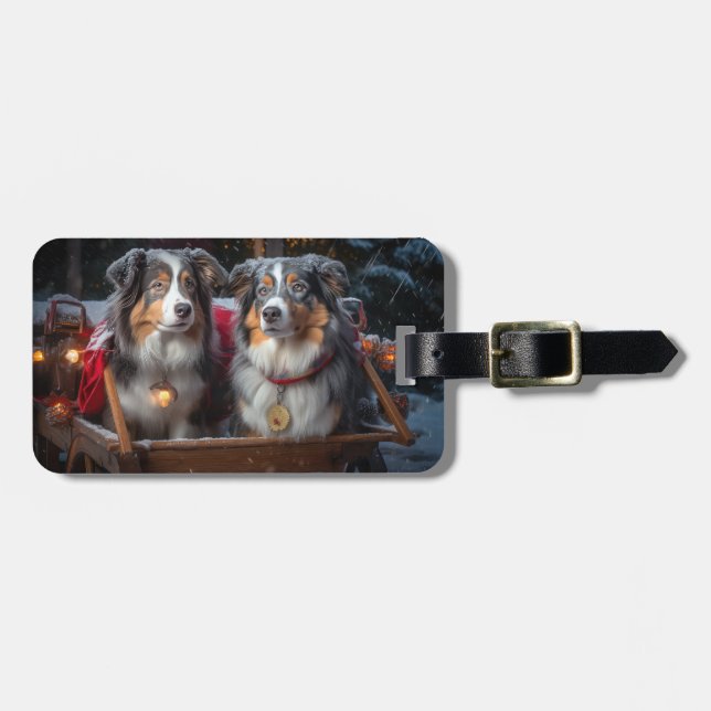 Australian Shepherd Snowy Sleigh Weihnachtsdekor Gepäckanhänger (Vorderseite horizontal)