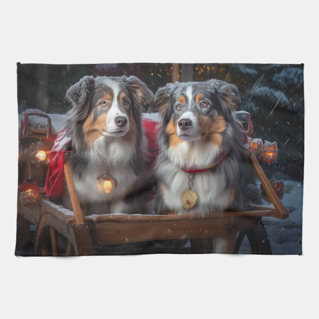 Australian Shepherd Snowy Sleigh Weihnachtsdekor Geschirrtuch (Horizontal)