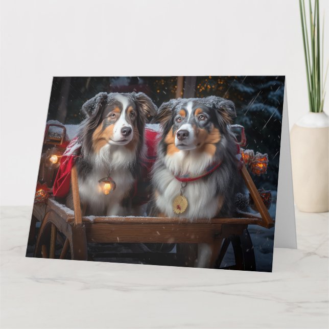 Australian Shepherd Snowy Sleigh Weihnachtsdekor Karte (Vorderseite)