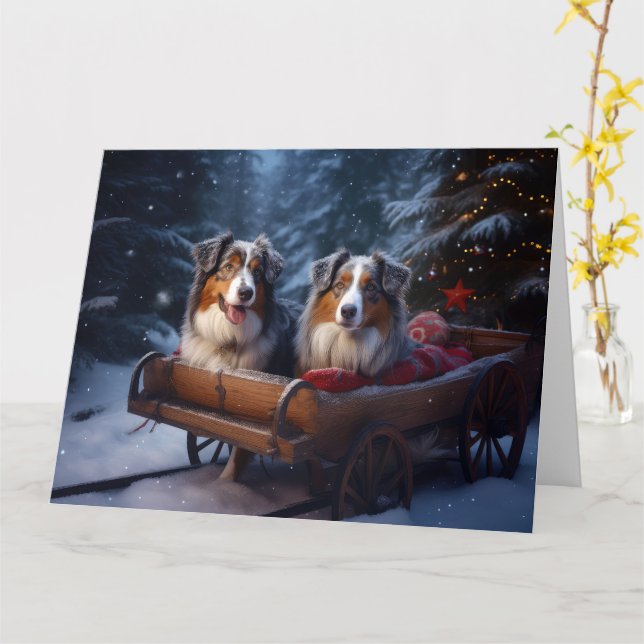 Australian Shepherd Snowy Sleigh Weihnachtsdekor Karte (Gelbe Blume)
