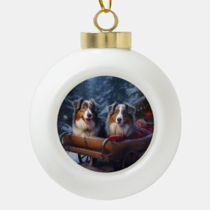 Australian Shepherd Snowy Sleigh Weihnachtsdekor Keramik Kugel-Ornament