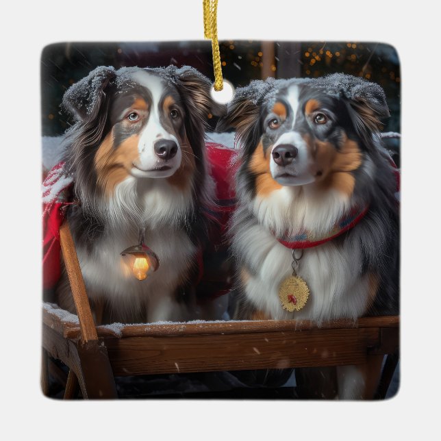 Australian Shepherd Snowy Sleigh Weihnachtsdekor Keramikornament (Vorderseite)