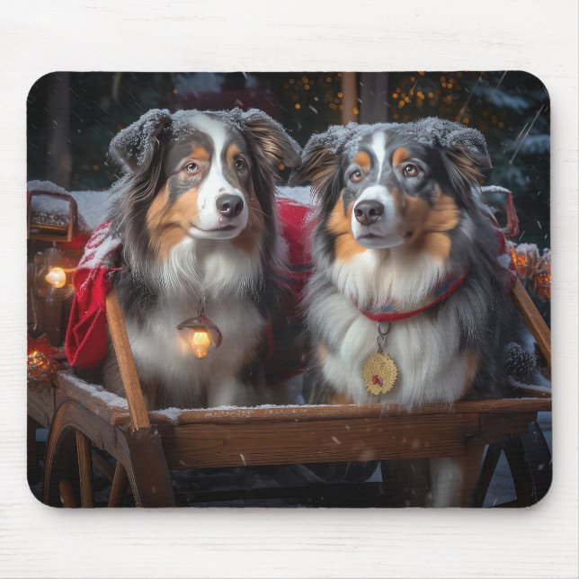 Australian Shepherd Snowy Sleigh Weihnachtsdekor Mousepad (Vorne)