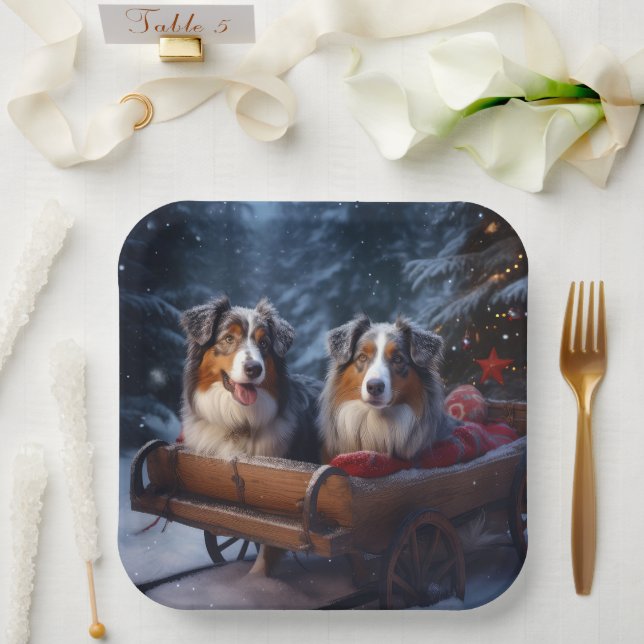 Australian Shepherd Snowy Sleigh Weihnachtsdekor Pappteller (Hochzeit)