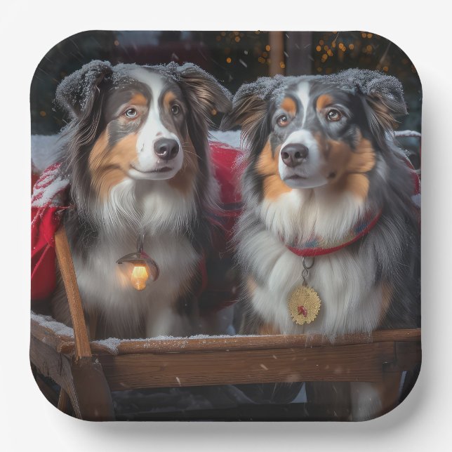 Australian Shepherd Snowy Sleigh Weihnachtsdekor Pappteller (Vorderseite)