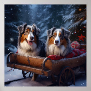 Australian Shepherd Snowy Sleigh Weihnachtsdekor Poster
