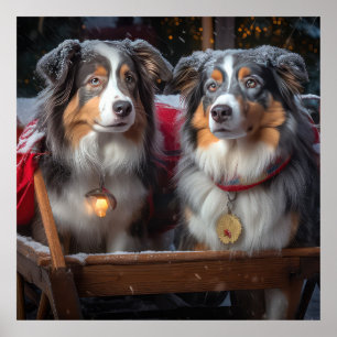 Australian Shepherd Snowy Sleigh Weihnachtsdekor Poster