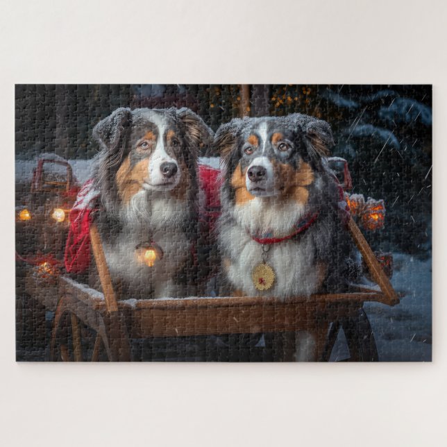 Australian Shepherd Snowy Sleigh Weihnachtsdekor Puzzle (Horizontal)