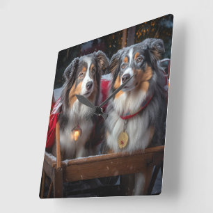 Australian Shepherd Snowy Sleigh Weihnachtsdekor Quadratische Wanduhr