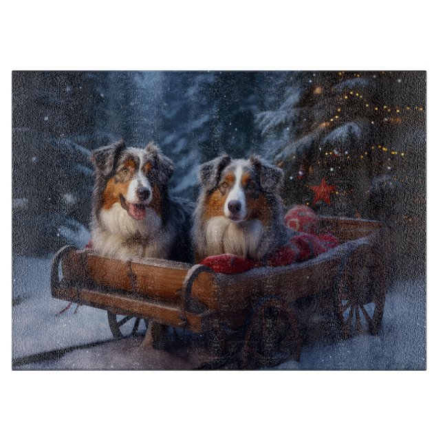 Australian Shepherd Snowy Sleigh Weihnachtsdekor Schneidebrett (Vorderseite)